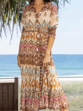 Ruby Yaya Boho Ikat Print Midi Shirt Dress Pink Orange Tiered Belted Festival xs